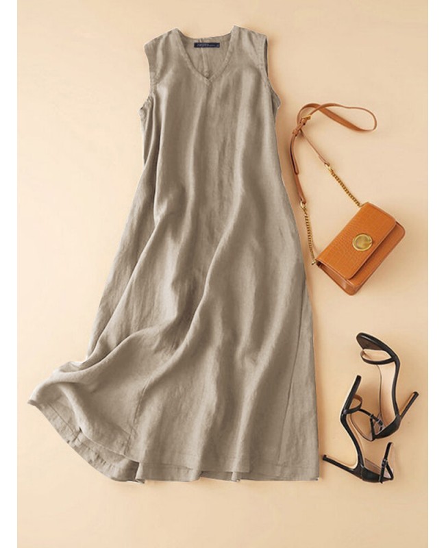 Cotton Solid Sleeveless V Neck Casual Maxi Dress - Navy S