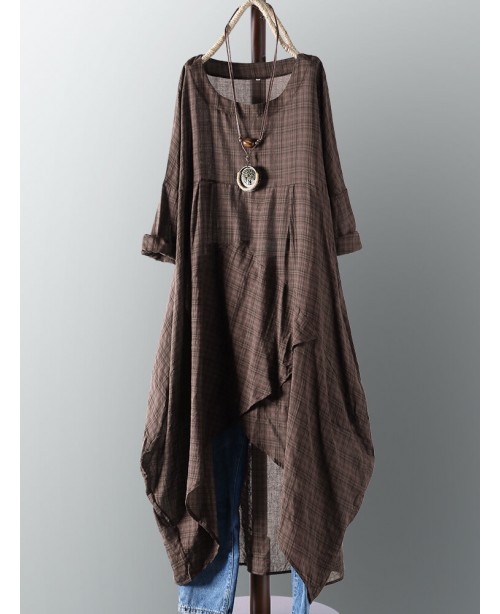 Plus Womens Plaid Casual Asymmetrical Shirt Irregu...