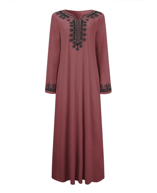 Women Vintage Embroidery Long Sleeve Maxi Dress with Side Pockets - Black S