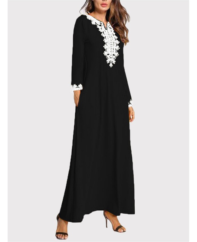 Women Vintage Embroidery Long Sleeve Maxi Dress with Side Pockets - Black S