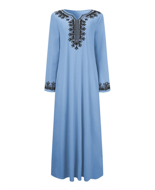 Women Vintage Embroidery Long Sleeve Maxi Dress with Side Pockets - Black S