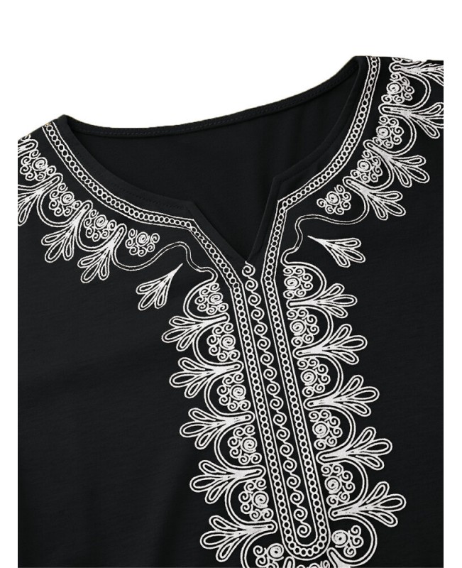 Women Vintage Embroidery Long Sleeve Maxi Dress with Side Pockets - Black S