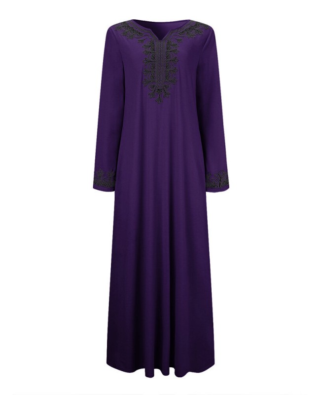 Women Vintage Embroidery Long Sleeve Maxi Dress with Side Pockets - Black S