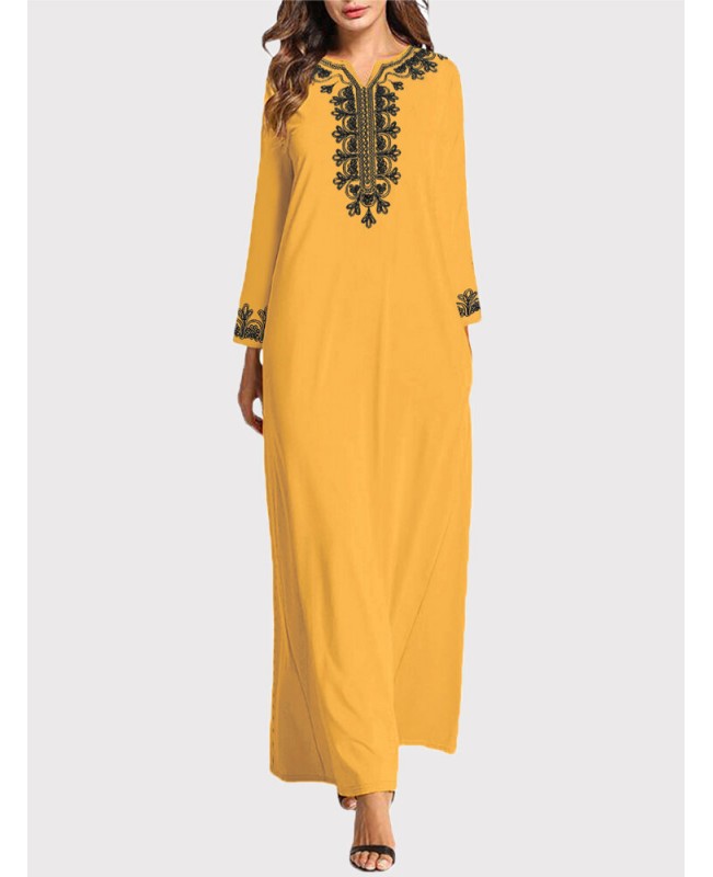 Women Vintage Embroidery Long Sleeve Maxi Dress with Side Pockets - Black S