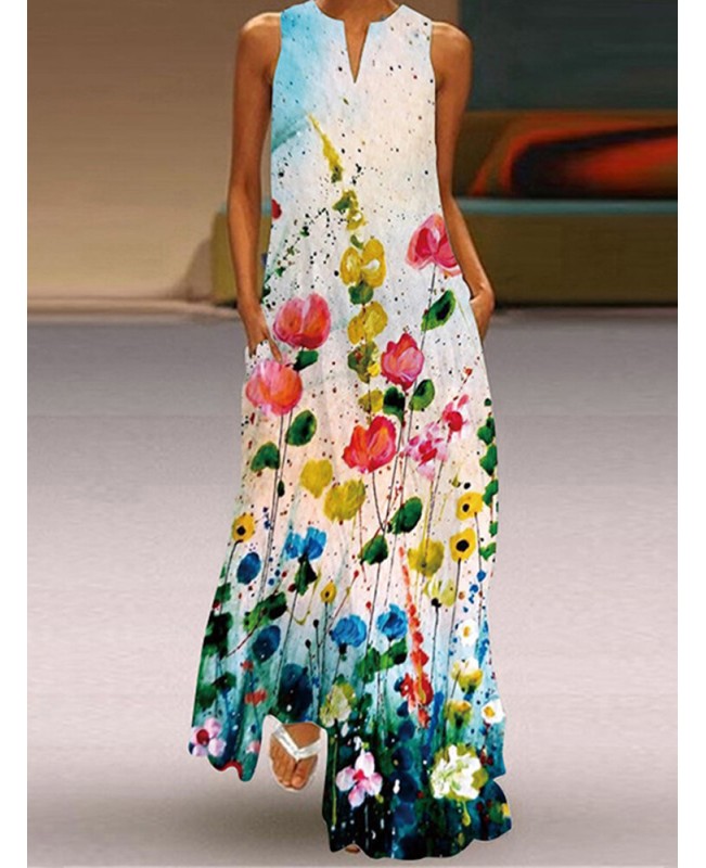Flower Print Pocket Half Open Collar Sleeveless Maxi Dress - Black 4XL