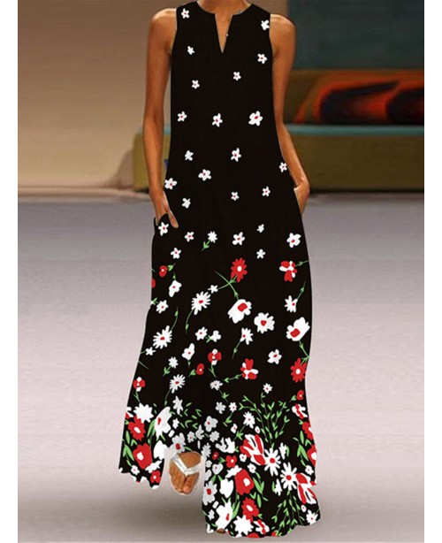 Flower Print Pocket Half Open Collar Sleeveless Ma...