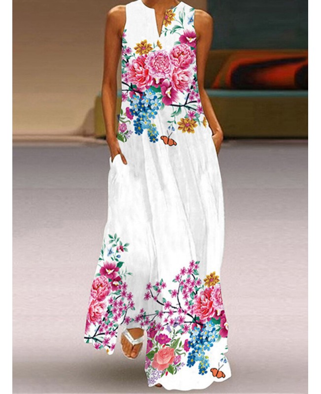 Flower Print Pocket Half Open Collar Sleeveless Maxi Dress - Black 4XL