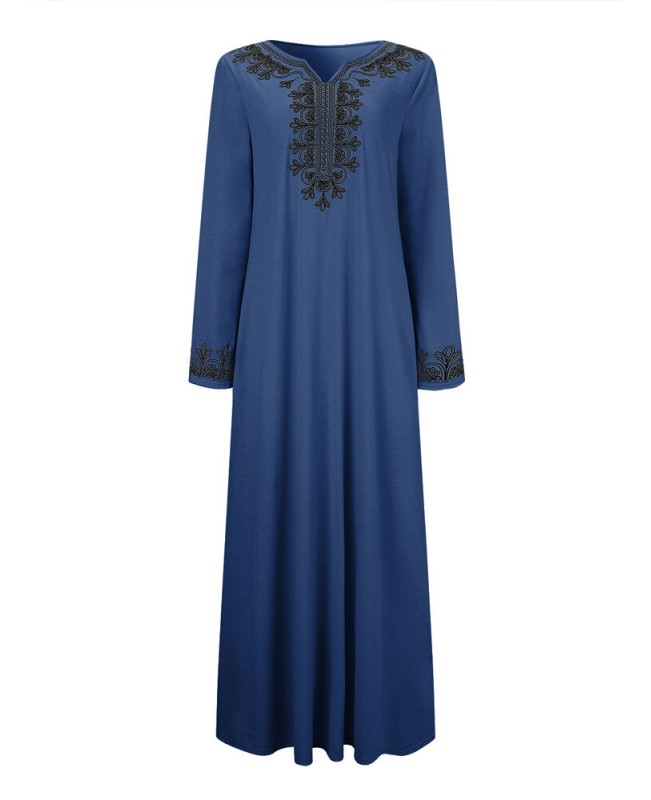 Women Vintage Embroidery Long Sleeve Maxi Dress with Side Pockets - Black S