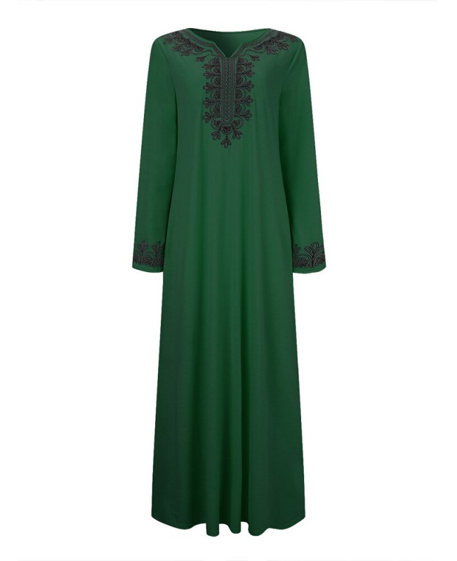 Women Vintage Embroidery Long Sleeve Maxi Dress with Side Pockets - Black S