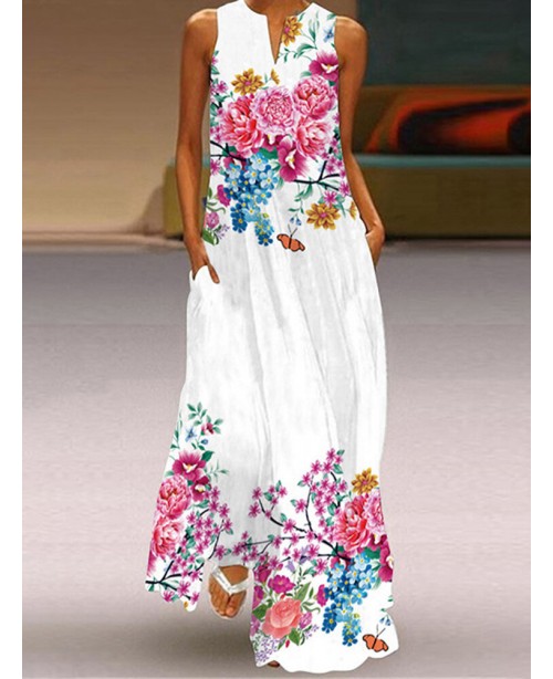 Flower Print Pocket Half Open Collar Sleeveless Ma...