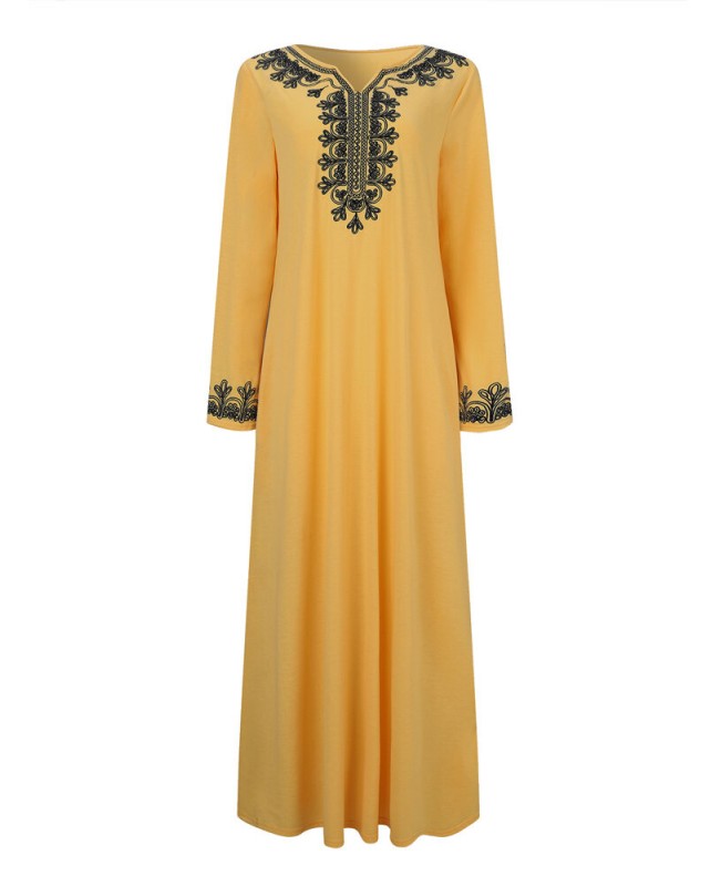 Women Vintage Embroidery Long Sleeve Maxi Dress with Side Pockets - Black S