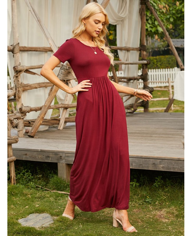 Short Sleeve Pocket Floor Length Solid Round Neck Maxi Dress - Black S