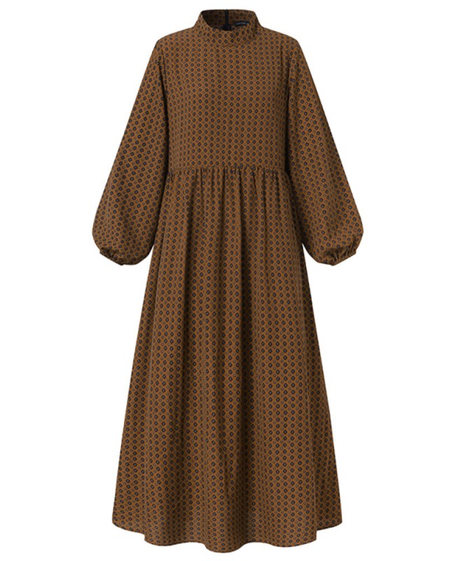 Women Diamond Print Swing Puff Sleeve Maxi Dress With Side Pocket - White XL