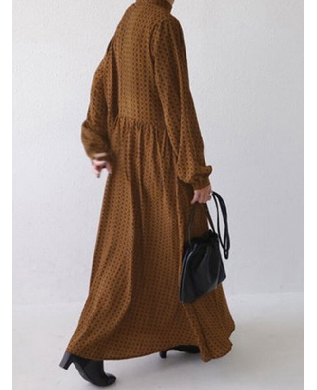 Women Diamond Print Swing Puff Sleeve Maxi Dress With Side Pocket - White XL