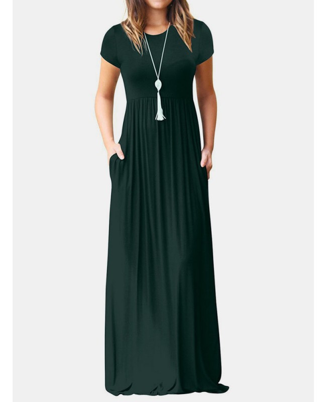 Short Sleeve Pocket Floor Length Solid Round Neck Maxi Dress - Black S