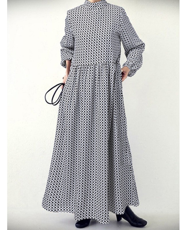 Women Diamond Print Swing Puff Sleeve Maxi Dress With Side Pocket - White XL