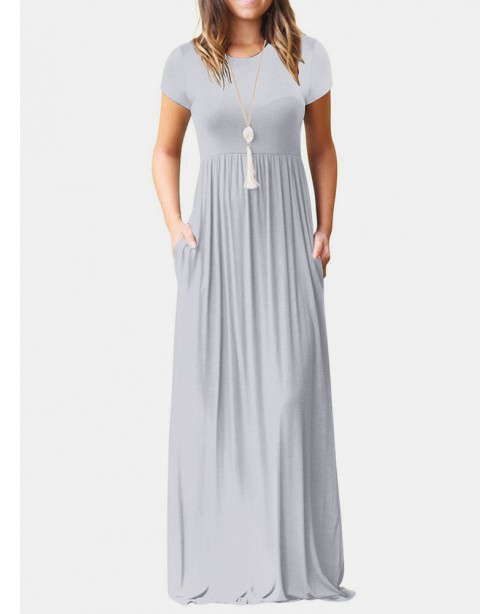 Short Sleeve Pocket Floor Length Solid Round Neck ...