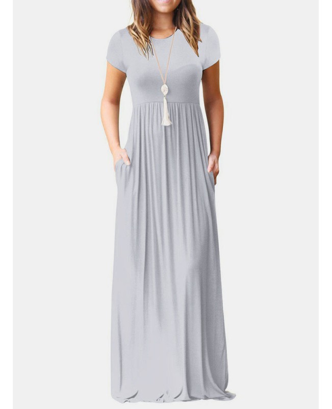 Short Sleeve Pocket Floor Length Solid Round Neck Maxi Dress - Black S