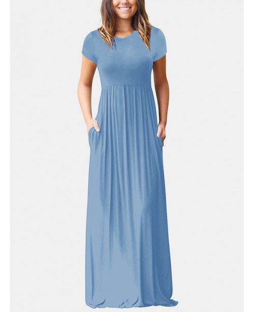 Short Sleeve Pocket Floor Length Solid Round Neck ...