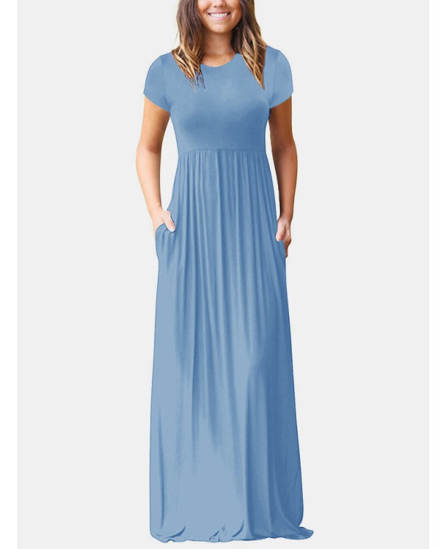 Short Sleeve Pocket Floor Length Solid Round Neck Maxi Dress - Black S