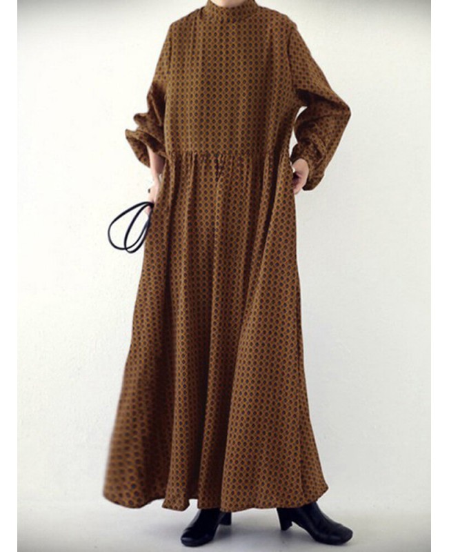 Women Diamond Print Swing Puff Sleeve Maxi Dress With Side Pocket - White XL