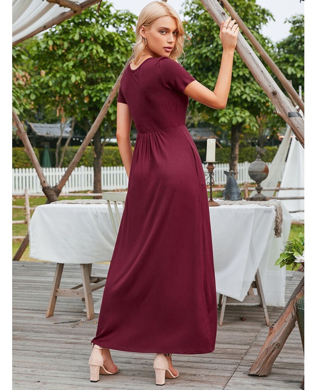 Short Sleeve Pocket Floor Length Solid Round Neck Maxi Dress - Black S