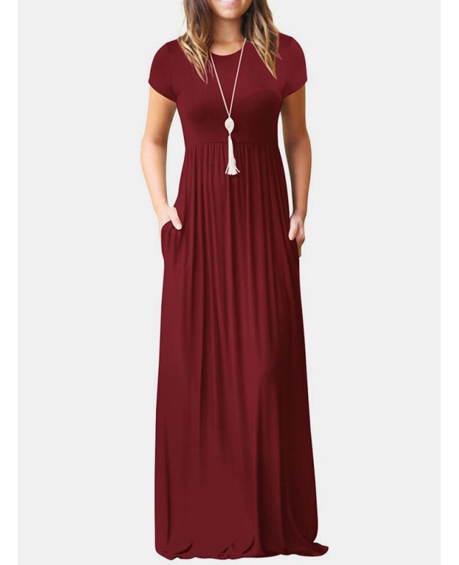 Short Sleeve Pocket Floor Length Solid Round Neck Maxi Dress - Black S