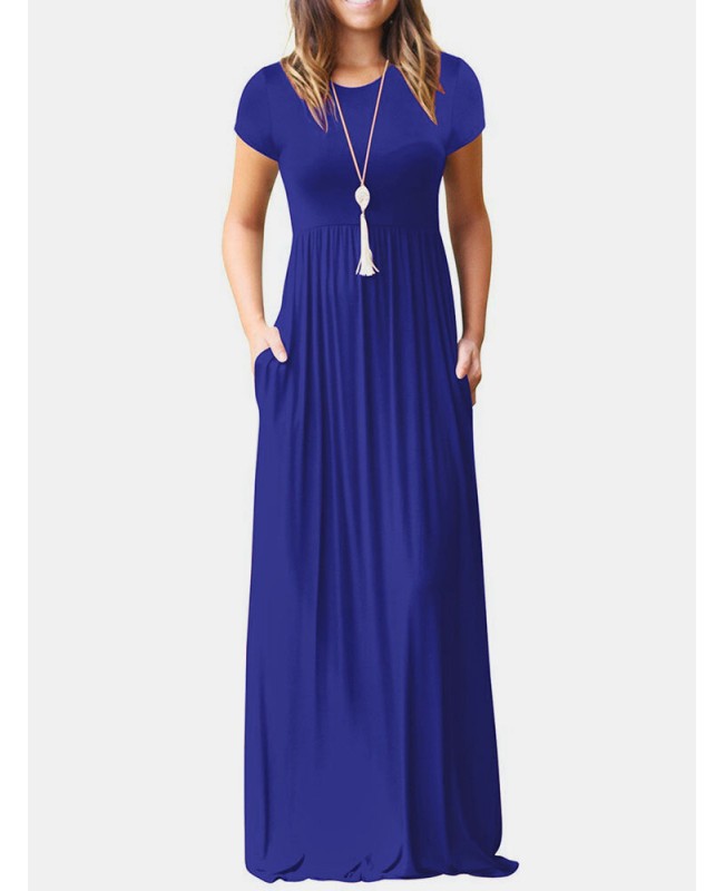 Short Sleeve Pocket Floor Length Solid Round Neck Maxi Dress - Black S