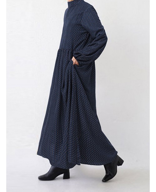 Women Diamond Print Swing Puff Sleeve Maxi Dress W...