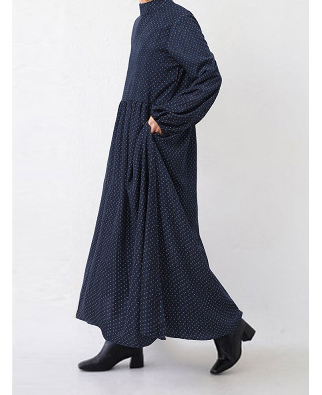 Women Diamond Print Swing Puff Sleeve Maxi Dress With Side Pocket - White XL