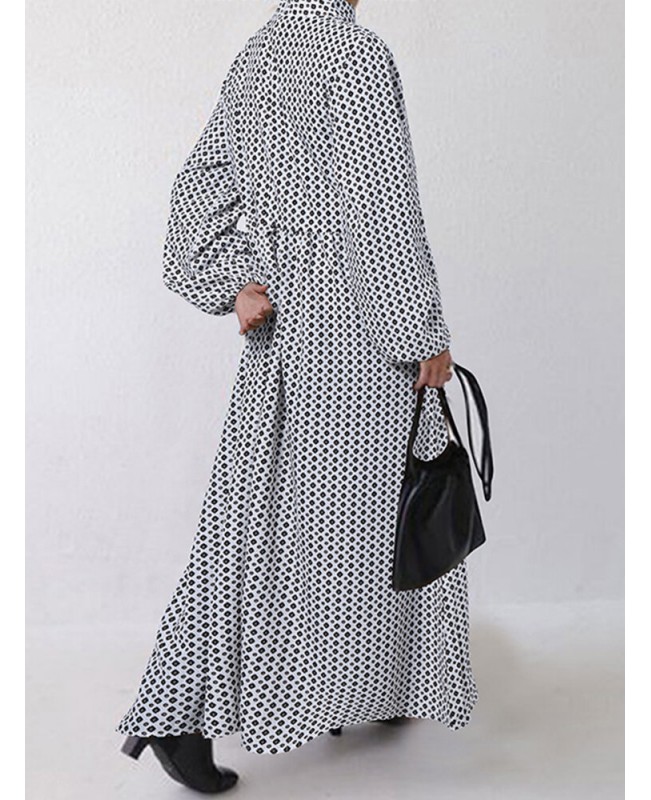 Women Diamond Print Swing Puff Sleeve Maxi Dress With Side Pocket - White XL