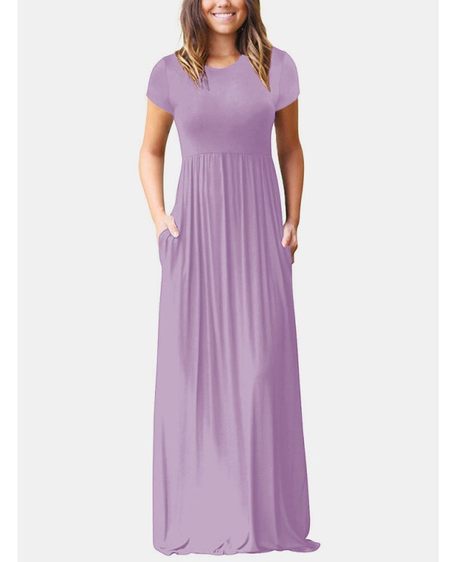 Short Sleeve Pocket Floor Length Solid Round Neck Maxi Dress - Black S
