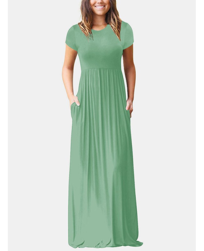 Short Sleeve Pocket Floor Length Solid Round Neck Maxi Dress - Black S