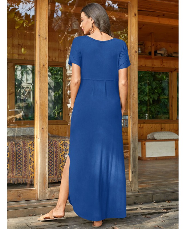 Round Neck Solid Pocket Loose Fit Short Sleeve Split Maxi Dress - purple S