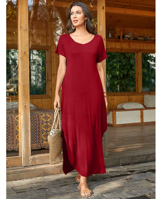 Round Neck Solid Pocket Loose Fit Short Sleeve Split Maxi Dress - purple S