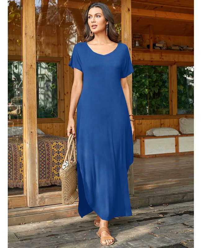 Round Neck Solid Pocket Loose Fit Short Sleeve Split Maxi Dress - purple S