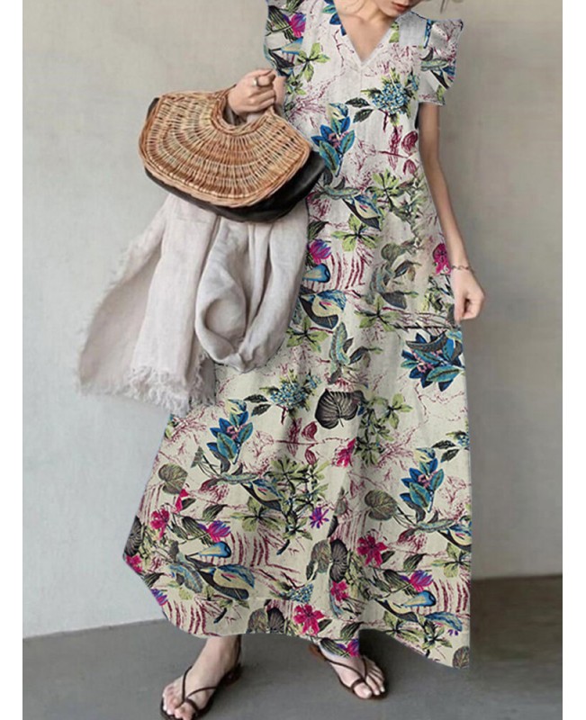 Plant Print Sleeveless Ruffle V Neck Cotton Maxi Dress - Yellow 4XL
