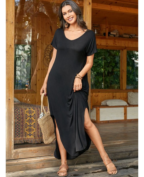 Round Neck Solid Pocket Loose Fit Short Sleeve Spl...
