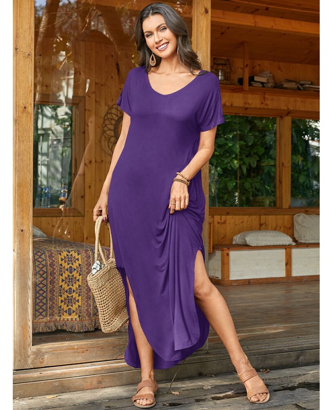 Round Neck Solid Pocket Loose Fit Short Sleeve Split Maxi Dress - purple S