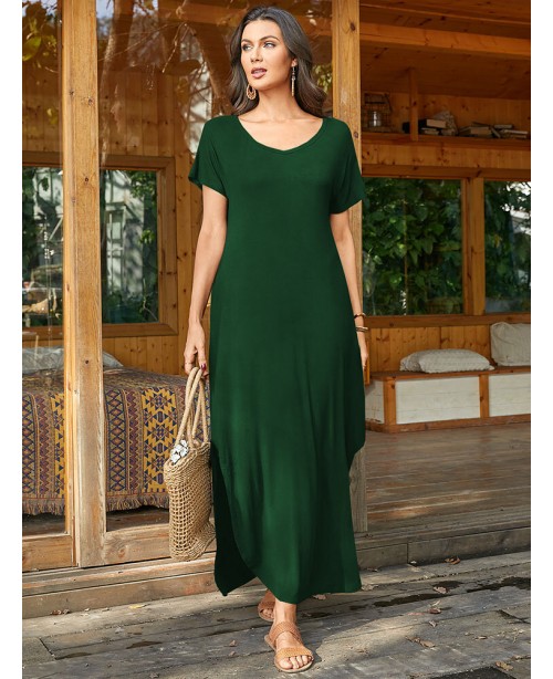 Round Neck Solid Pocket Loose Fit Short Sleeve Spl...