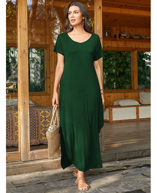 Round Neck Solid Pocket Loose Fit Short Sleeve Split Maxi Dress - purple S