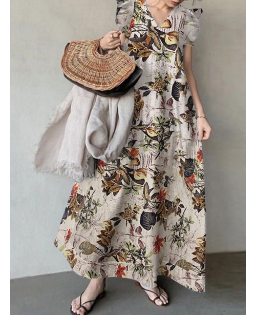 Plant Print Sleeveless Ruffle V Neck Cotton Maxi D...