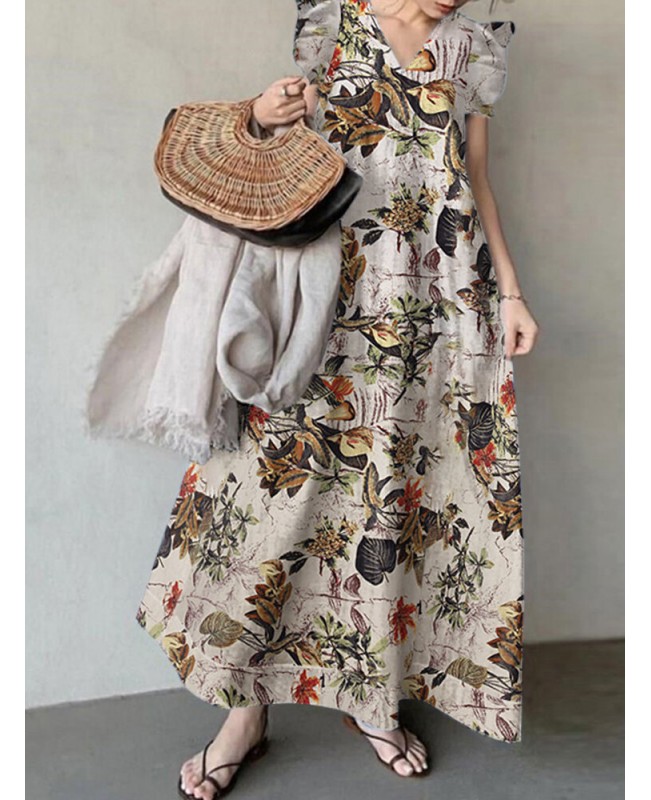 Plant Print Sleeveless Ruffle V Neck Cotton Maxi Dress - Yellow 4XL