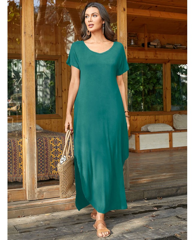 Round Neck Solid Pocket Loose Fit Short Sleeve Split Maxi Dress - purple S