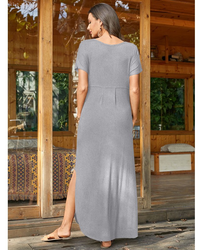 Round Neck Solid Pocket Loose Fit Short Sleeve Split Maxi Dress - purple S