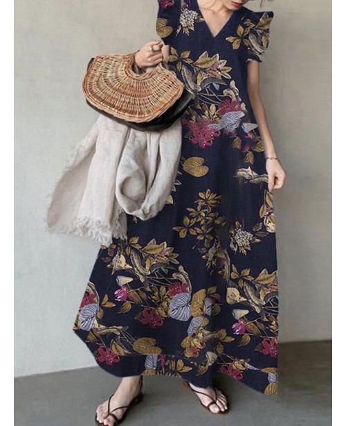 Plant Print Sleeveless Ruffle V Neck Cotton Maxi D...