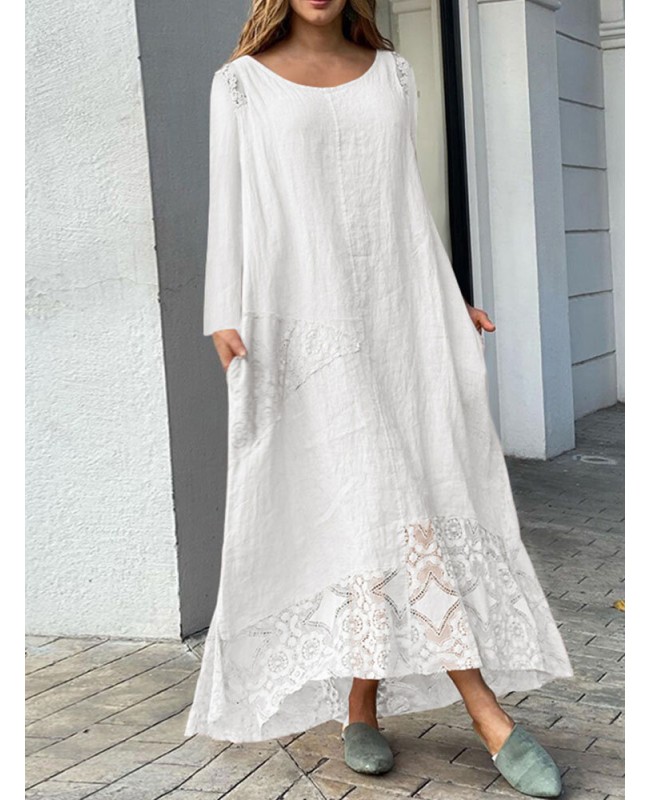 Lace Patchwork Pocket Round Neck Sleeveless Maxi Dress - Black S