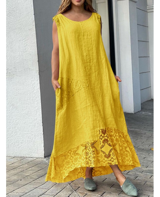 Lace Patchwork Pocket Round Neck Sleeveless Maxi Dress - Black S
