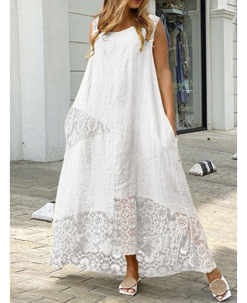 Lace Patchwork Pocket Round Neck Sleeveless Maxi D...