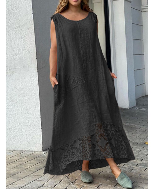 Lace Patchwork Pocket Round Neck Sleeveless Maxi Dress - Black S